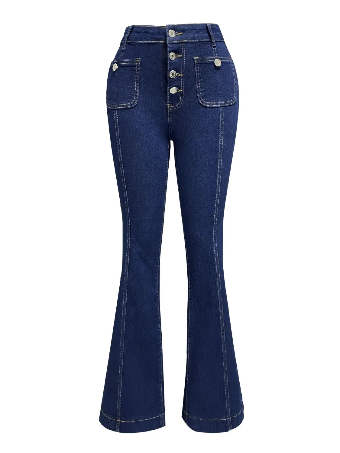 Plush Fashion Hub denim flare jeans with front and back pockets, showcasing a stylish, fitted design perfect for casual wear.