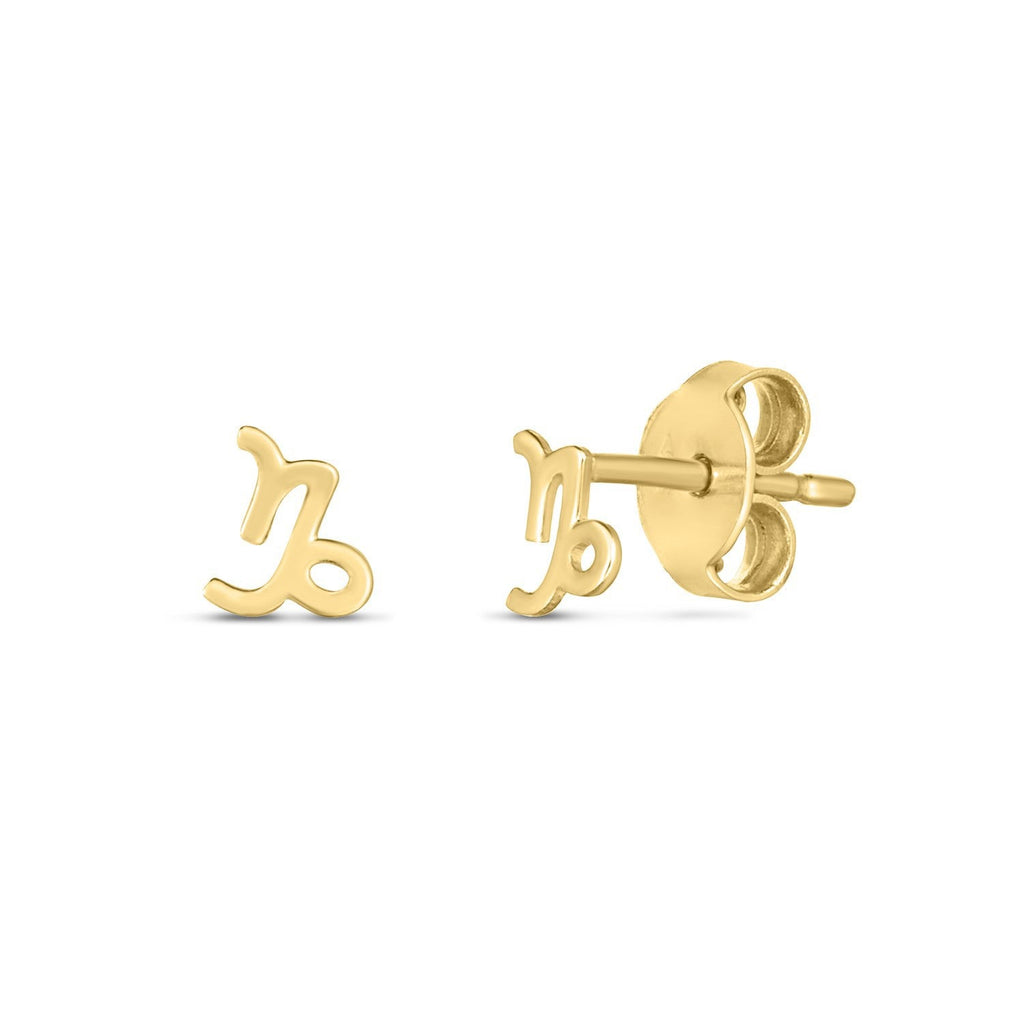 14k yellow gold Capricorn stud earrings featuring detailed zodiac symbol design, perfect for astrology jewelry enthusiasts.