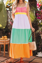 Women's cotton color block tiered maxi dress with pockets, featuring a flowy design and vibrant color blocks.