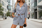 Women's striped casual two-piece set with a shirt and high-waist shorts by FitiqueFit, featuring a stylish, comfortable design.