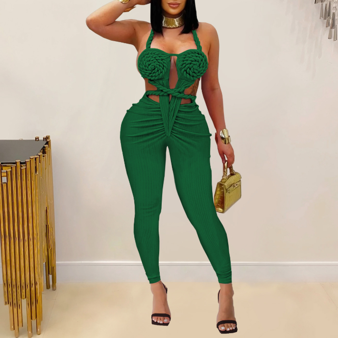Women wearing a solid color, backless halter jumpsuit by Plush Fashion Hub, casual and sexy for stylish summer wear.