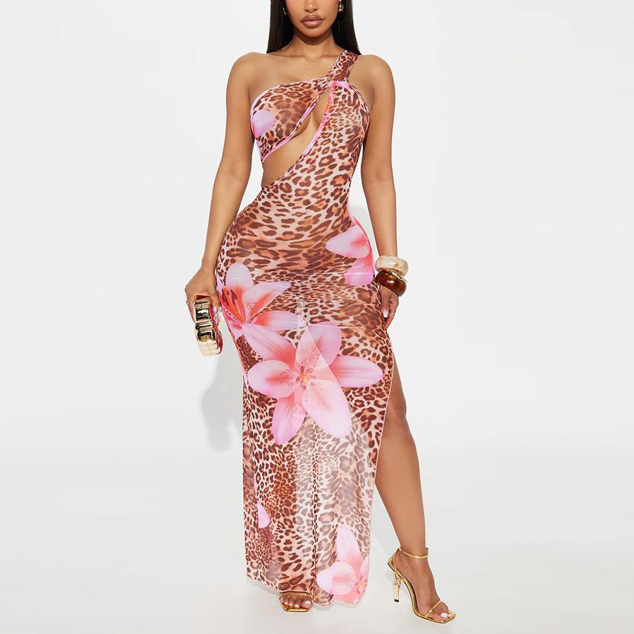 Women Clothing Diagonal Collar Hollow Out Cutout out See through Mesh Floral Print Dress Bella Mia