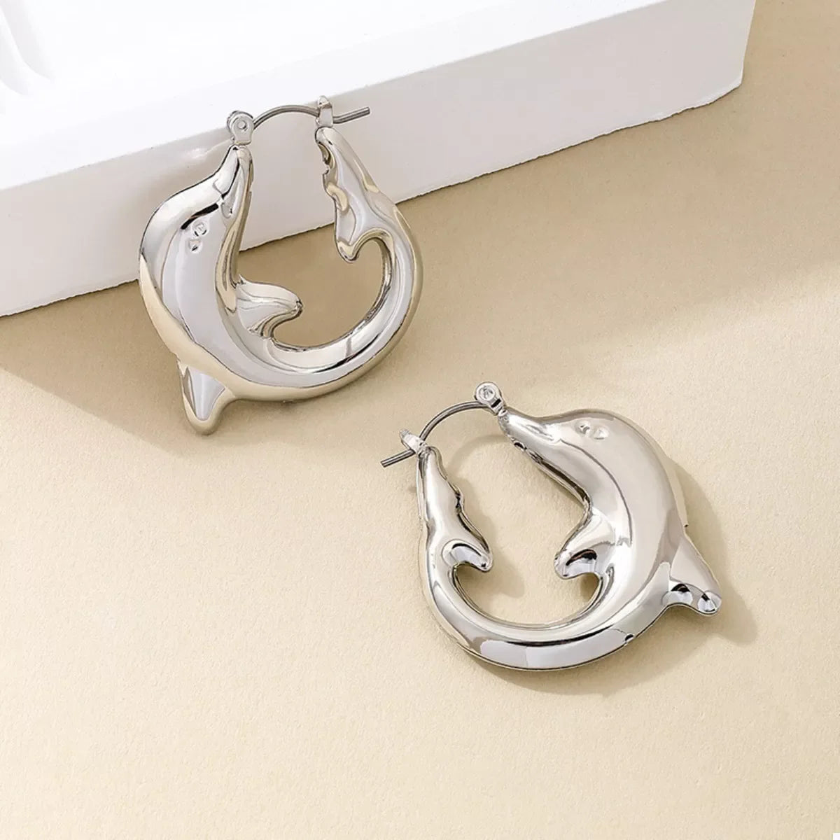 18K gold-plated dolphin hoop earrings with detailed dolphin design, lightweight hoops, perfect for stylish summer accessories