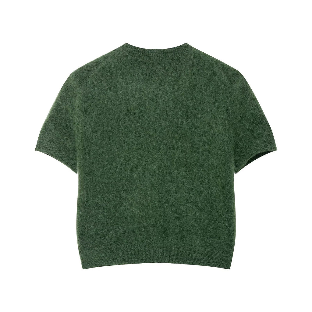 Bella Mia women's autumn knitwear with round neck, short sleeves, and single-breasted design, paired with stylish bottoms.