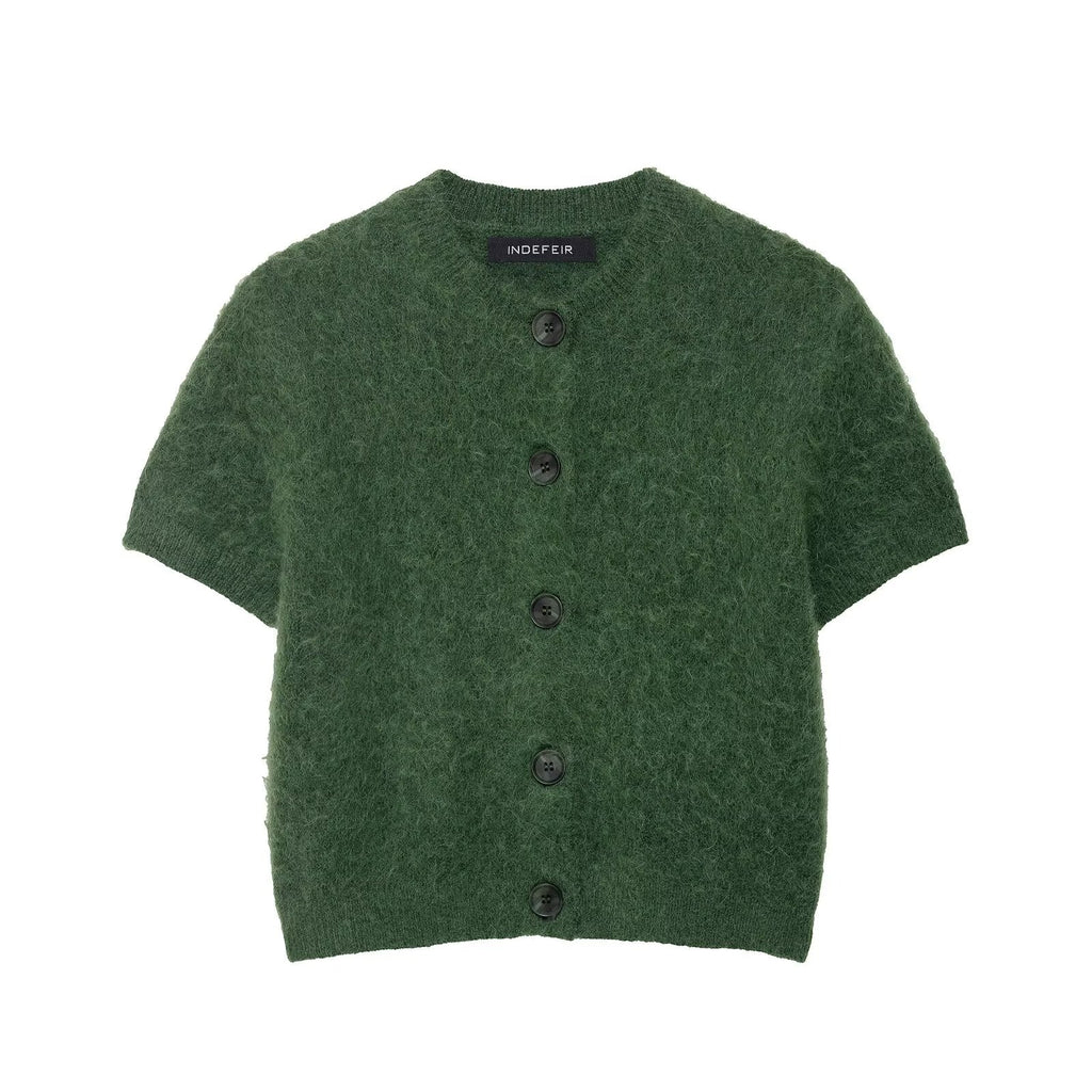 Bella Mia women's autumn office knitwear with round neck, short sleeves, and single-breasted design, styled as bottoms.