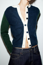 Casual loose women’s autumn coat by Bella Mia, contrast color knitwear outerwear with relaxed fit and stylish design.