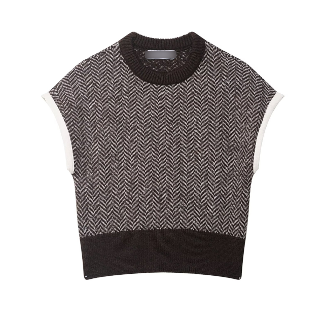 Bella Mia women's herringbone knitted sleeveless vest top, stylish and cozy women's wear with a classic herringbone pattern.