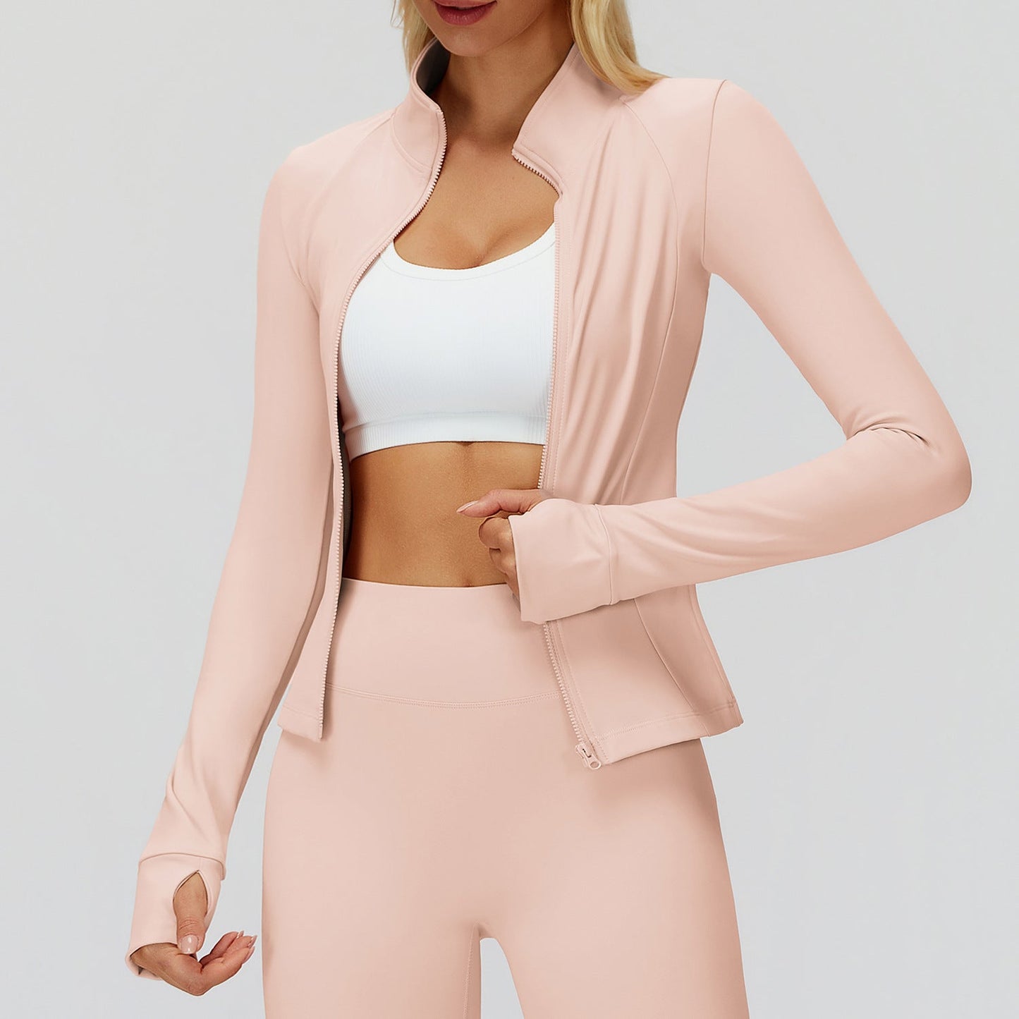 Plush Fashion Hub autumn winter stand collar coat with zipper, windproof warm velvet sport top for running and outdoor activities.