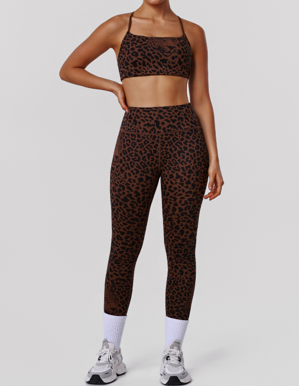 Leopard print high waist fitness two-piece set with a beauty back bra and pants from Plush Fashion Hub.