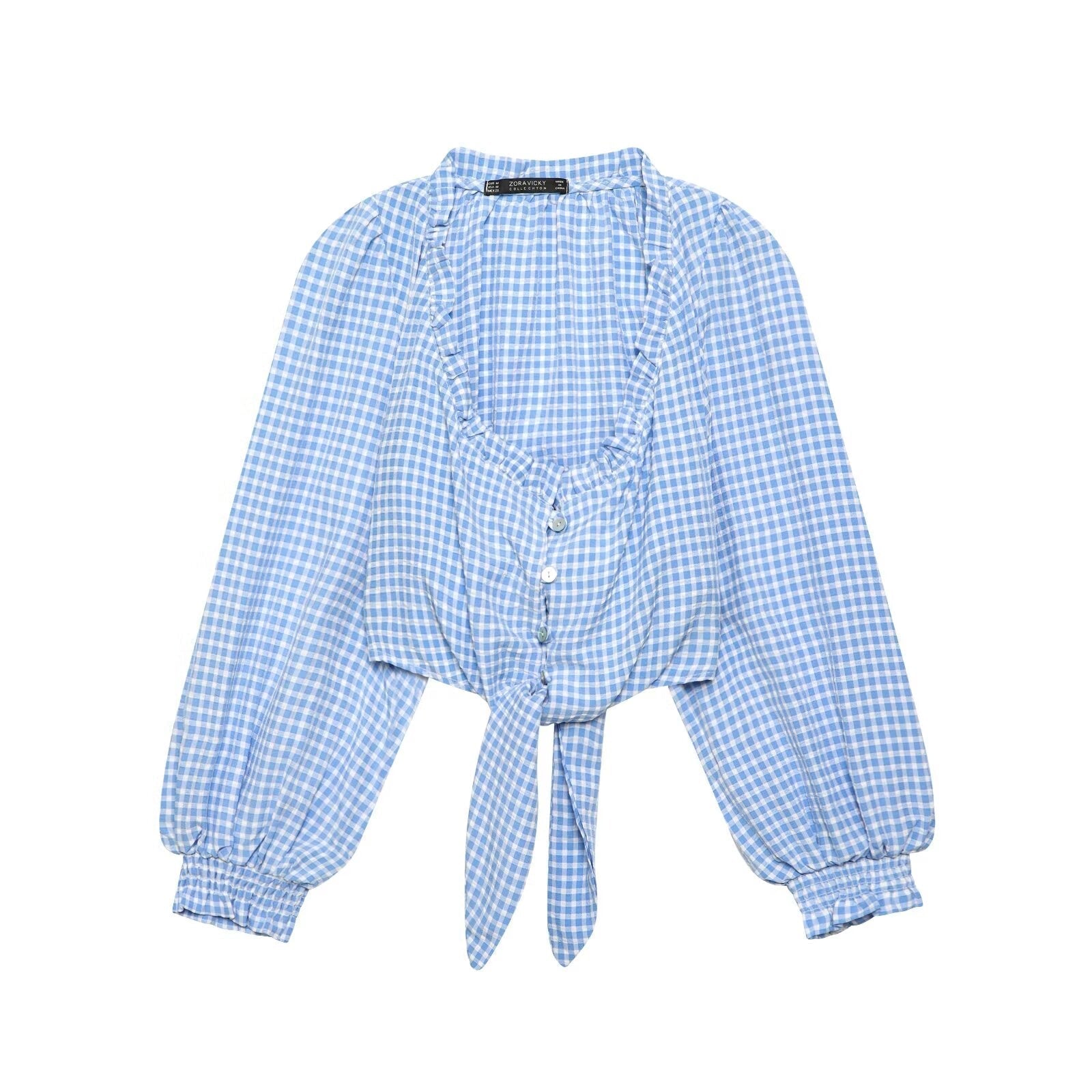 Blue plaid long sleeve women’s top with a sexy square collar from Bella Mia, perfect for spring fashion.