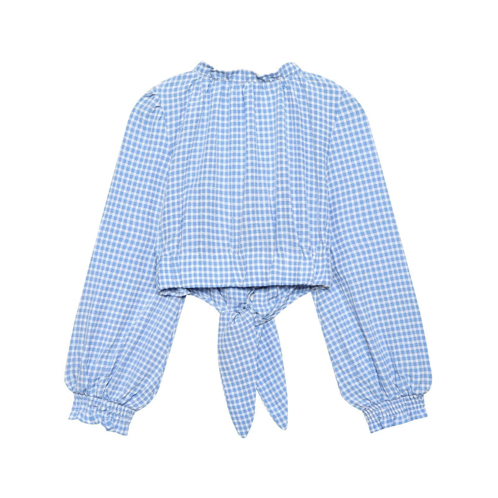 Blue plaid long sleeve top with square collar for women, stylish spring fashion by Bella Mia, shown in the image.