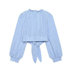 Blue plaid long sleeve top with square collar for women, stylish spring fashion by Bella Mia, shown in the image.