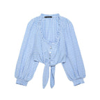 Blue plaid long sleeve top for women with a square collar, stylish spring fashion from Bella Mia.