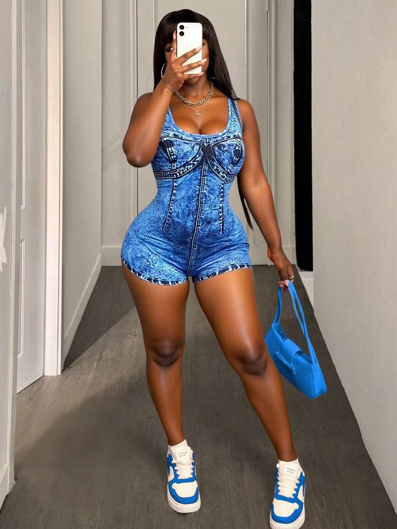 Women’s denim printed backless suspenders tube top romper, sexy and stylish, from Plush Fashion Hub.