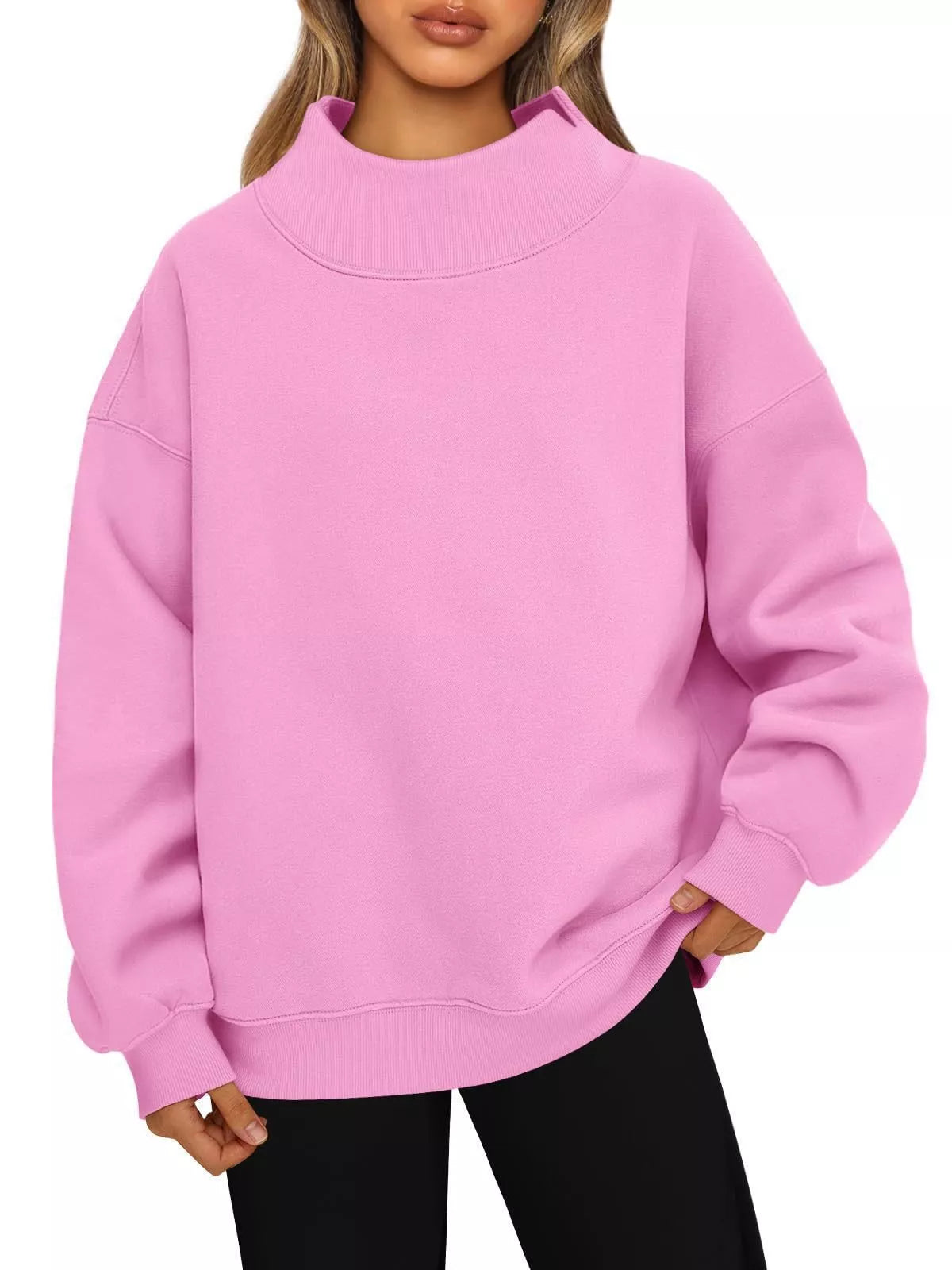 Women’s oversized plush Fashion Hub sweatshirt with mock neck and dropped shoulders, casual pullover top in soft fabric.