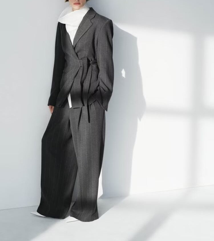 Women’s spring lace-up wrap blazer and trousers two-piece set by Plush Fashion Hub, stylish and coordinated outfit for women.