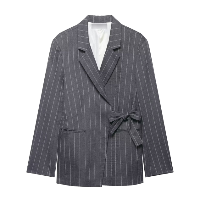 Women’s spring lace-up wrap blazer and trousers two-piece set by Plush Fashion Hub, featuring stylish tailored design.
