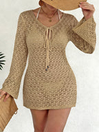 Women’s long sleeve see-through beach cover-up dress with cutout details, tied waist, by Plush Fashion Hub.