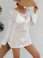Women’s long sleeve see-through beach cover-up dress with cutouts and tie details, from Plush Fashion Hub.
