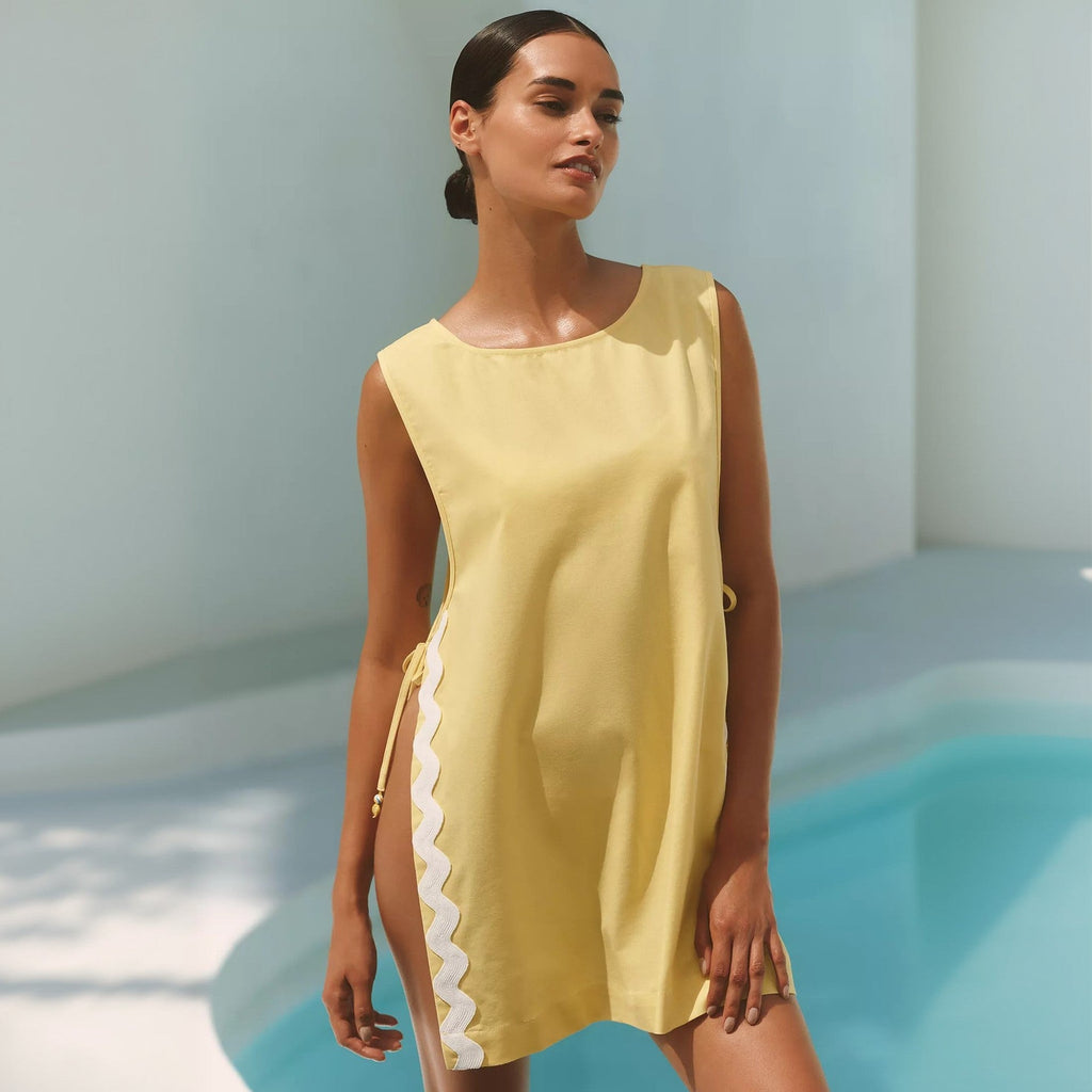 Plush Fashion Hub solid color sleeveless beach cover-up with a sexy slit, perfect as a stylish swimsuit top for women.