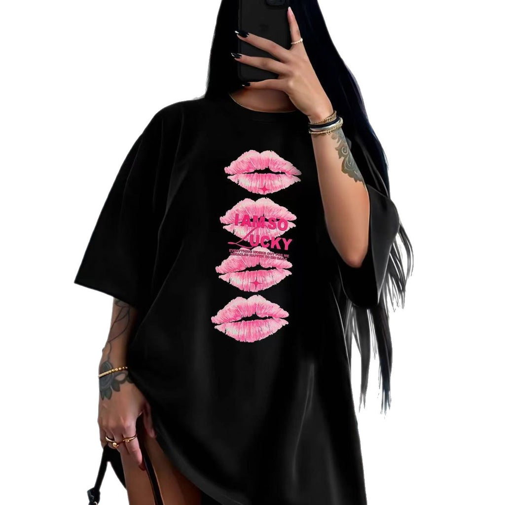 Women's Black Lip Print Short Sleeve Loose Fit Cotton T-Shirt