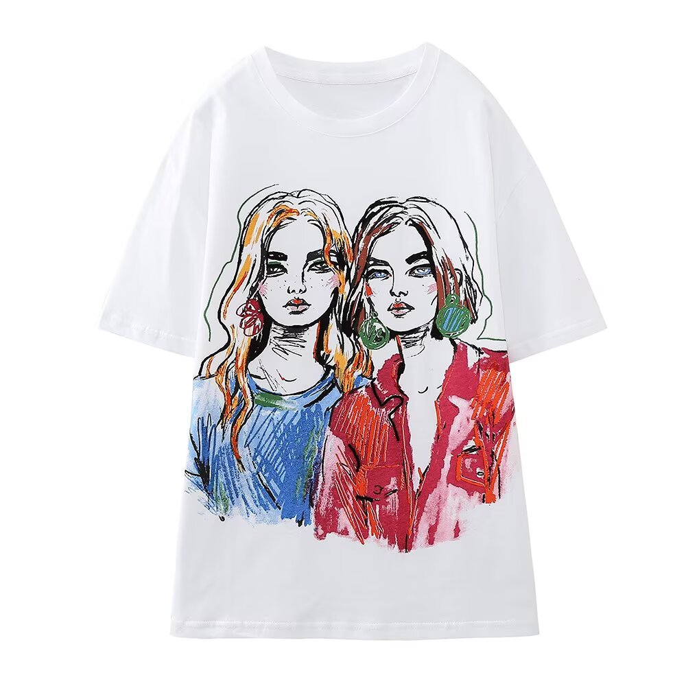 Women’s casual summer T-shirt by Plush Fashion Hub, loose fit with colorful printed design for a trendy, comfortable look.