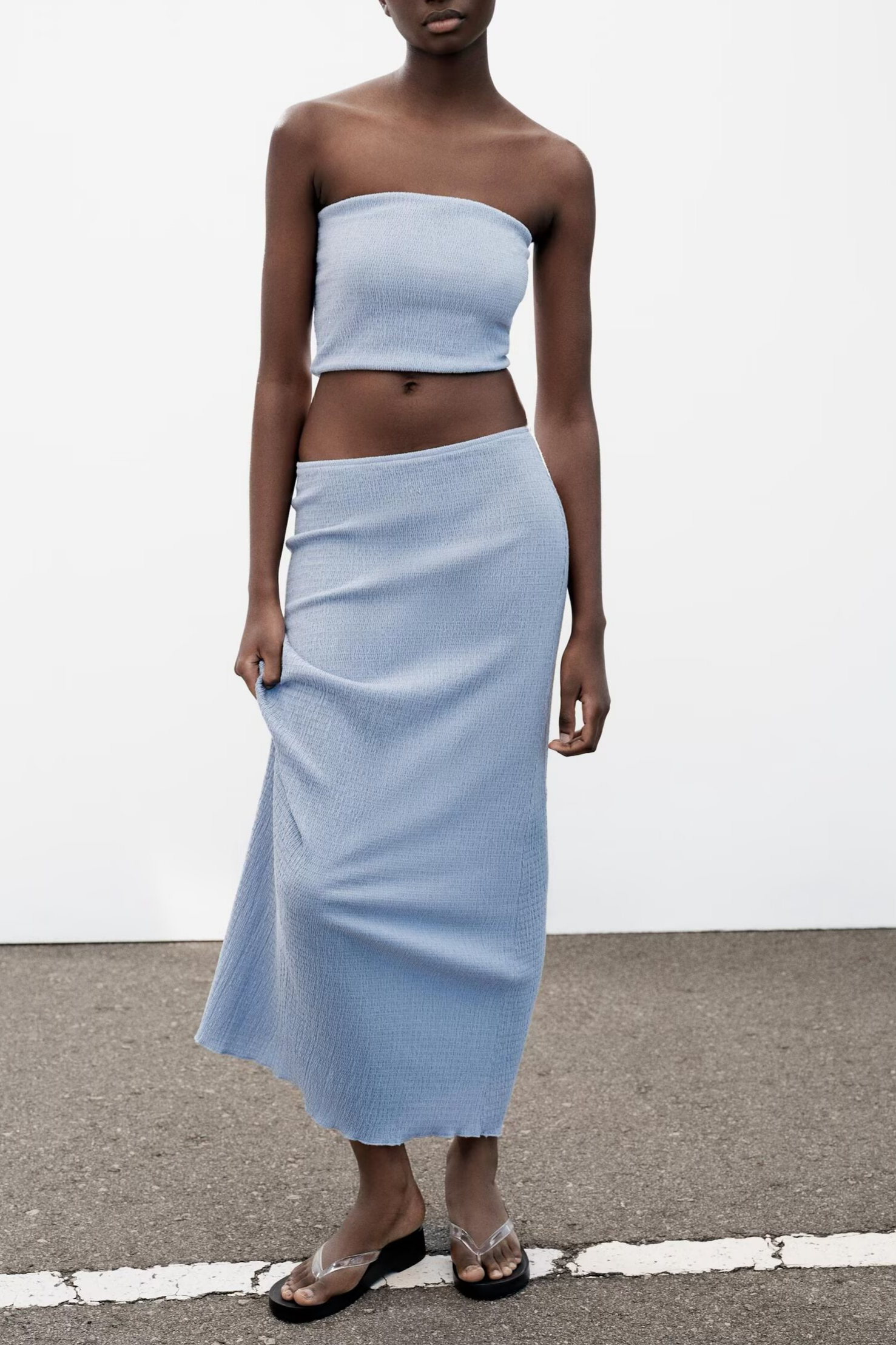 Women’s summer texture tank top and midi skirt set by Plush Fashion Hub, featuring stylish matching tops and skirt in light fabric.