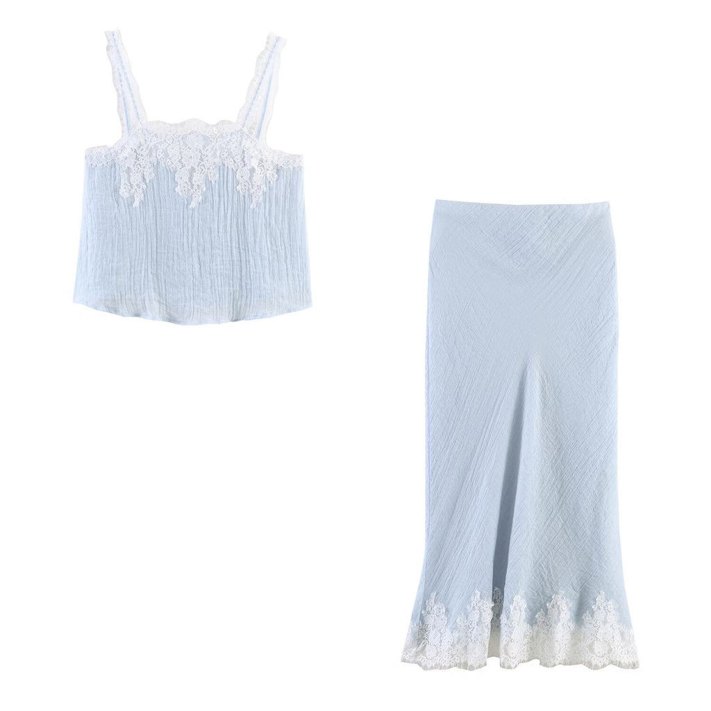 Plush Fashion Hub women's western lace short top and midi lace skirt set, stylish and elegant clothing ensemble.