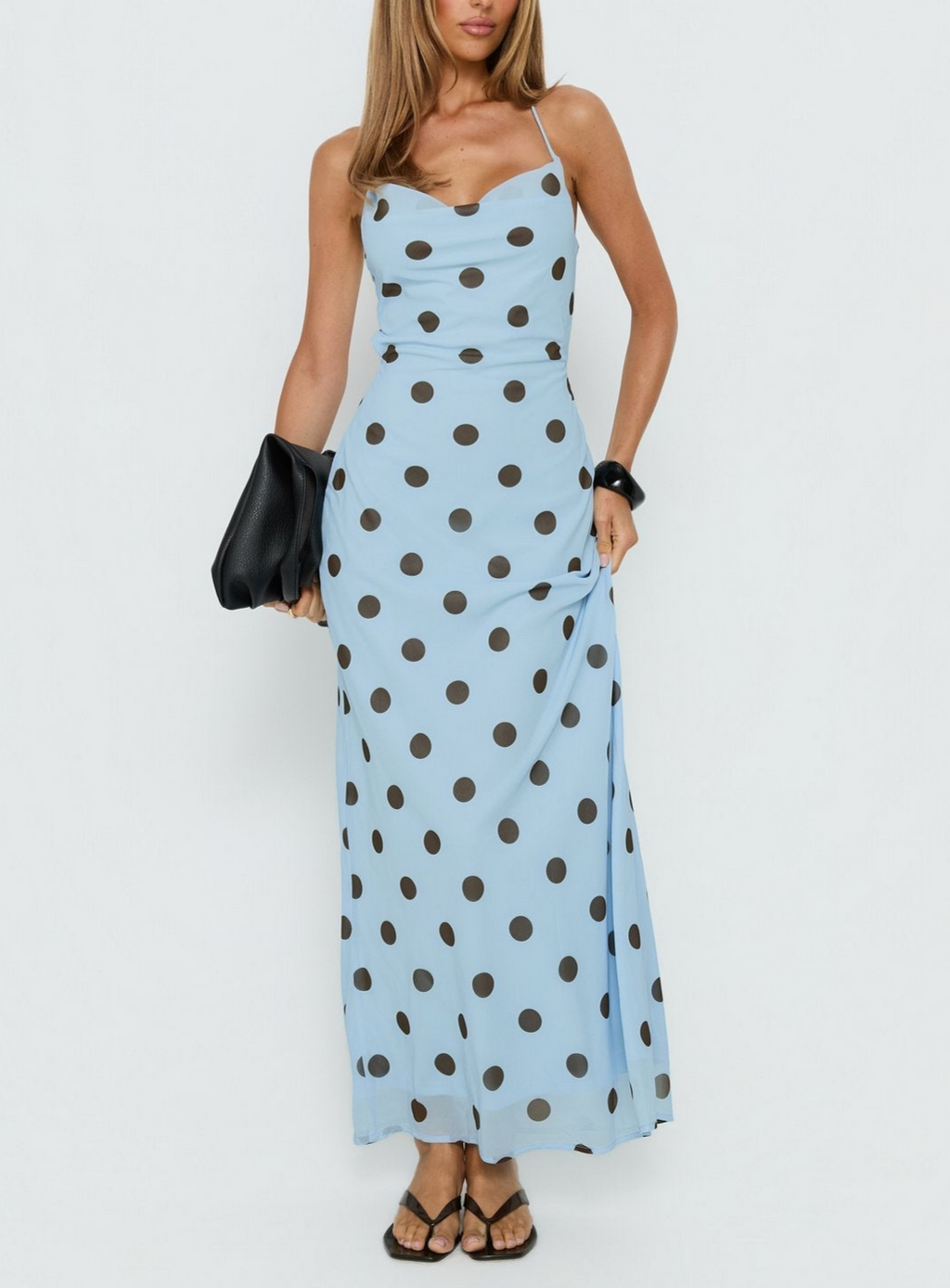Pink polka dot maxi dress for women with vintage backless design, lace-up back, tight waist, and elegant style by Plush Fashion Shop.