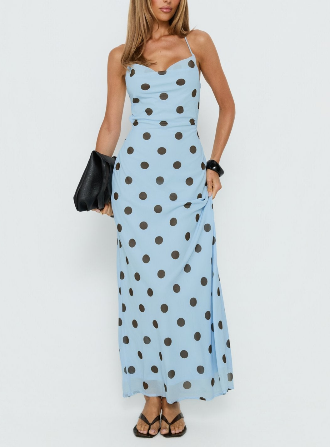 Pink polka dot maxi dress for women with vintage backless design, lace-up back, tight waist, and elegant style by Plush Fashion Shop.