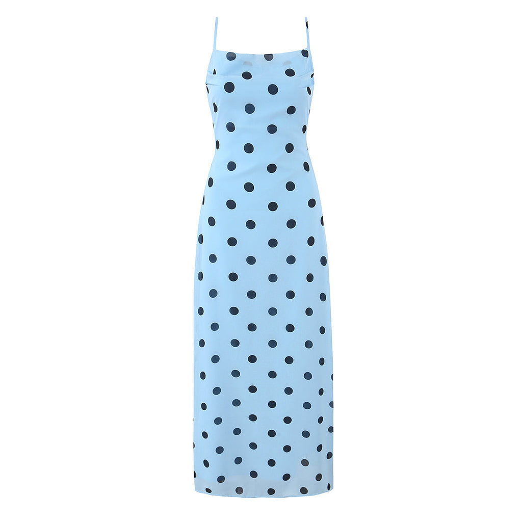 Pink polka dot maxi dress for women with vintage backless lace-up design, tight waist, and elegant style by Plush Fashion Shop.