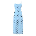 Pink polka dot maxi dress for women with vintage backless lace-up design, tight waist, and elegant style by Plush Fashion Shop.
