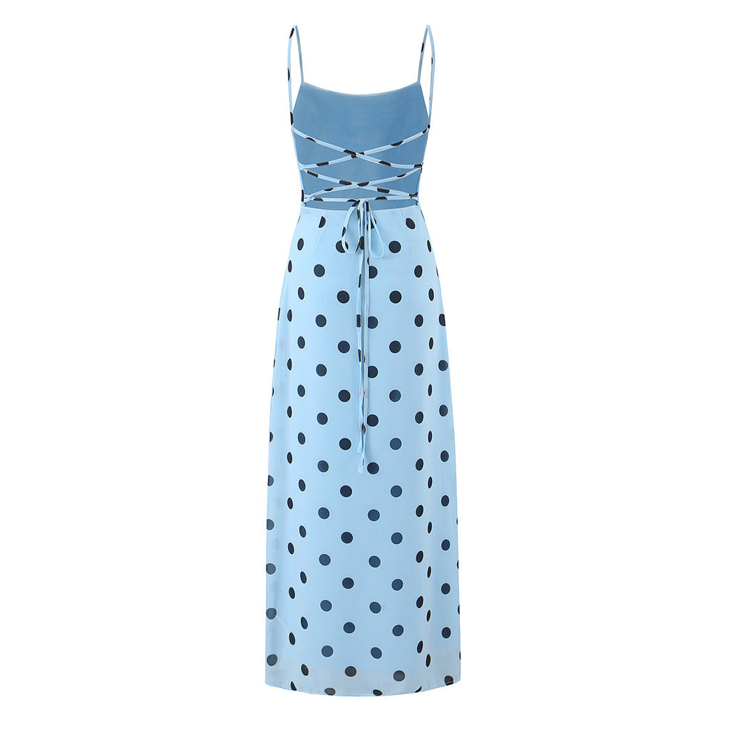 Pink polka dot vintage maxi dress for women featuring a backless lace-up design, tight waist, and elegant, gentle style.