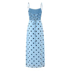 Pink polka dot vintage maxi dress for women featuring a backless lace-up design, tight waist, and elegant, gentle style.