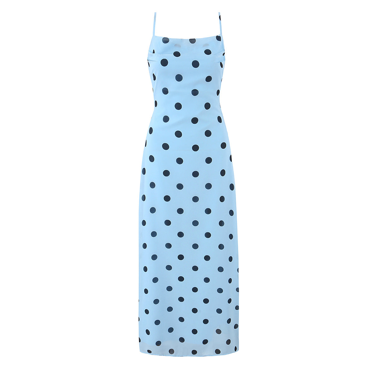 Pink polka dot maxi dress for women with lace-up back, tight waist, vintage style, and elegant design from Plush Fashion Shop.