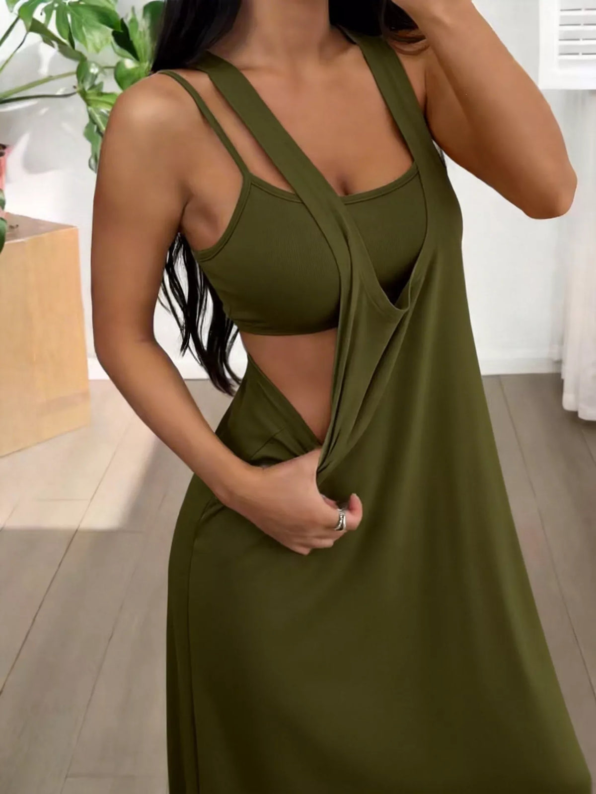 Plush Fashion Hub scoop neck cami and maxi dress two-piece set, lightweight fabric, in a stylish, casual design.