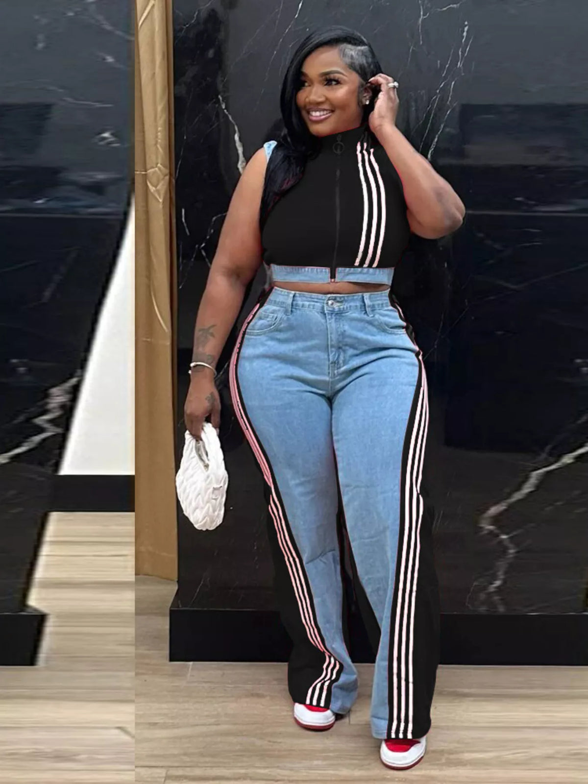 Zip front crop top and striped pants set by Plush Fashion Hub, two-piece outfit with a stylish crop top and matching striped pants.