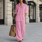 Women's Bohemian casualwear top and pants set by FitiqueFit, featuring relaxed, flowy fabric in a stylish resort lounge co-ord.