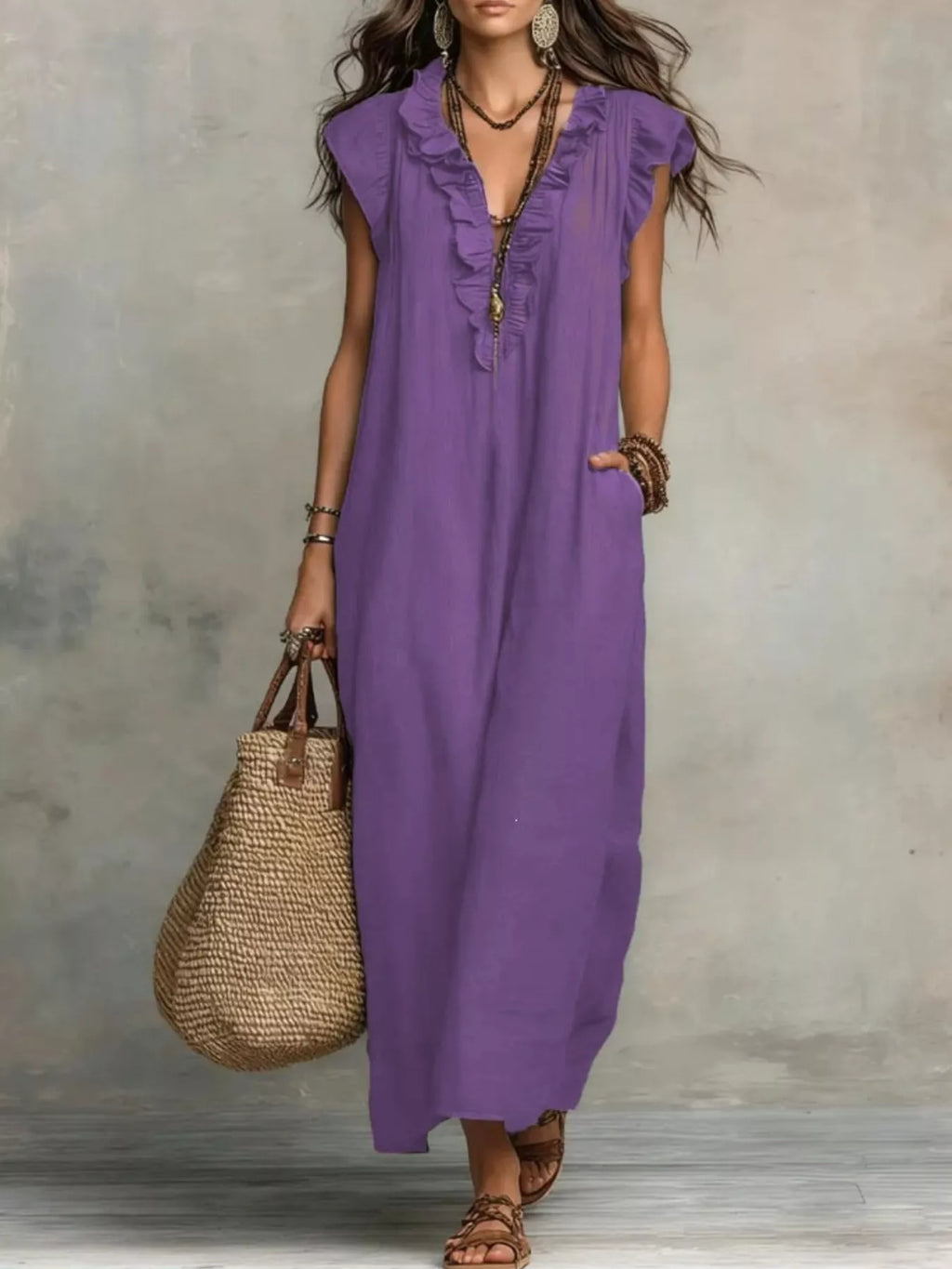 Plush Fashion Hub ruffled V-neck maxi dress with flowing fabric and elegant design, perfect for summer or special occasions.