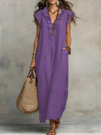 Plush Fashion Hub ruffled V-neck maxi dress with flowing fabric and elegant design, perfect for summer or special occasions.