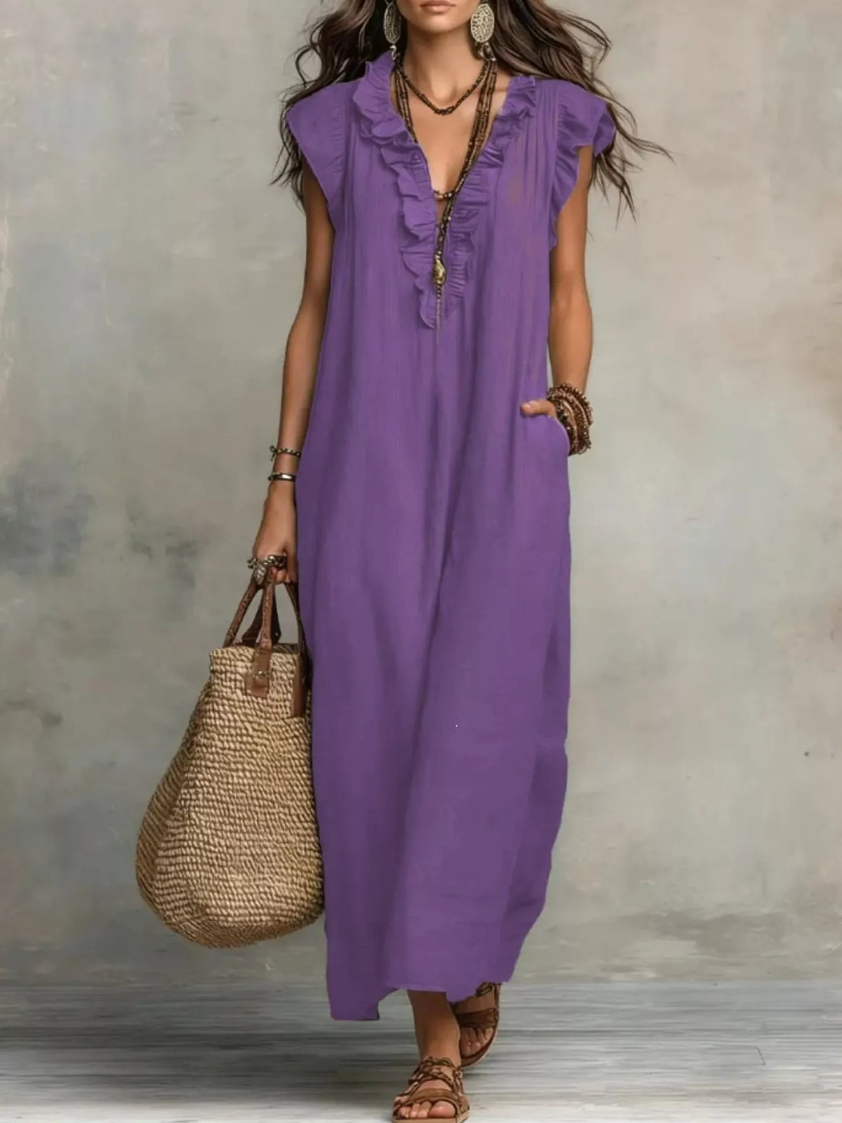 Plush Fashion Hub ruffled V-neck maxi dress in soft fabric, flowing design with elegant ruffle details, perfect for stylish occasions.