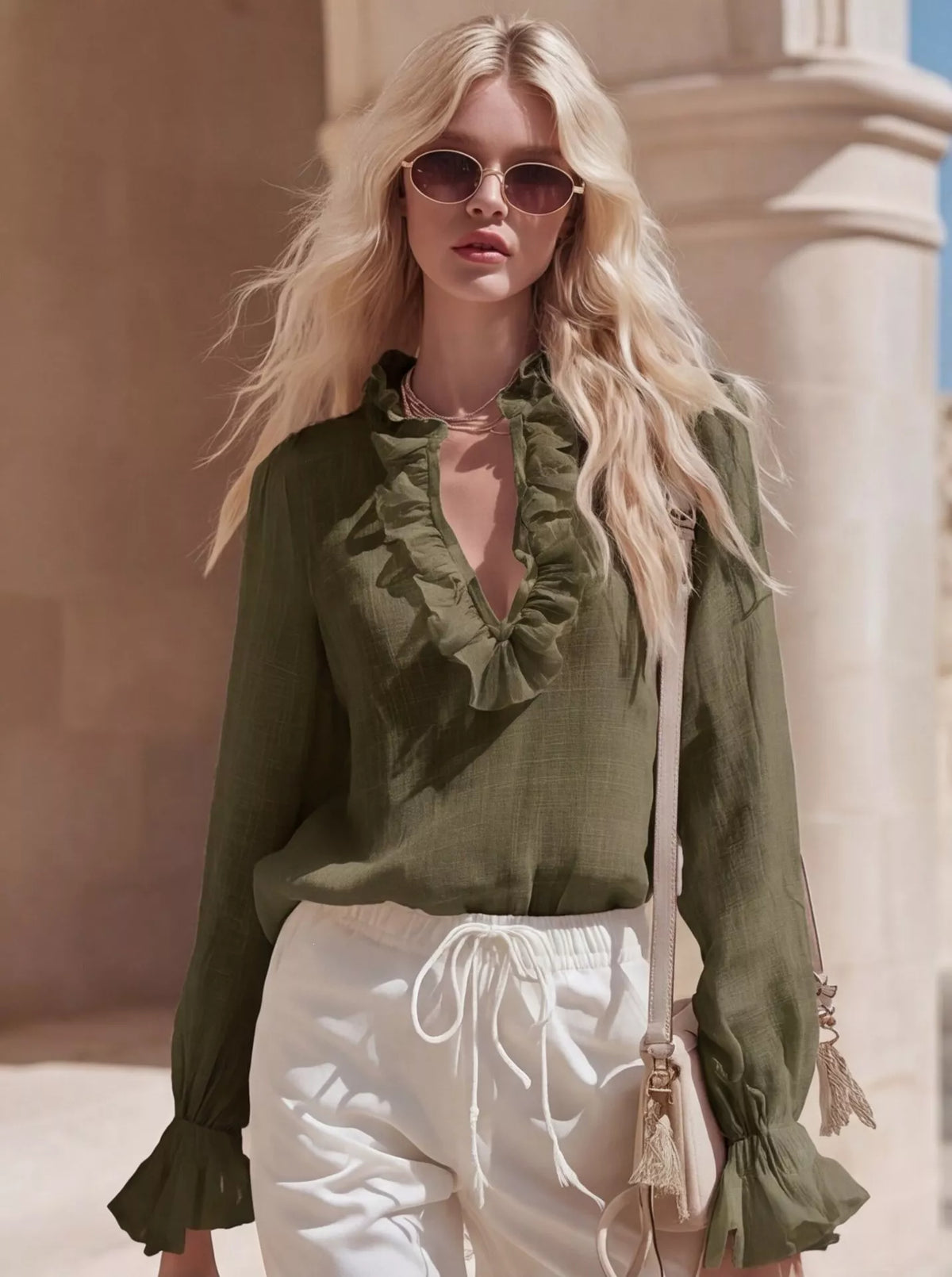 Plush Fashion Hub ruffled V-neck long sleeve blouse with feminine ruffle details and soft fabric in a stylish design.