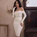 Bella Mia women's spring off-shoulder long sleeve pleated dress, solid color, slim fit, perfect for party or casual wear