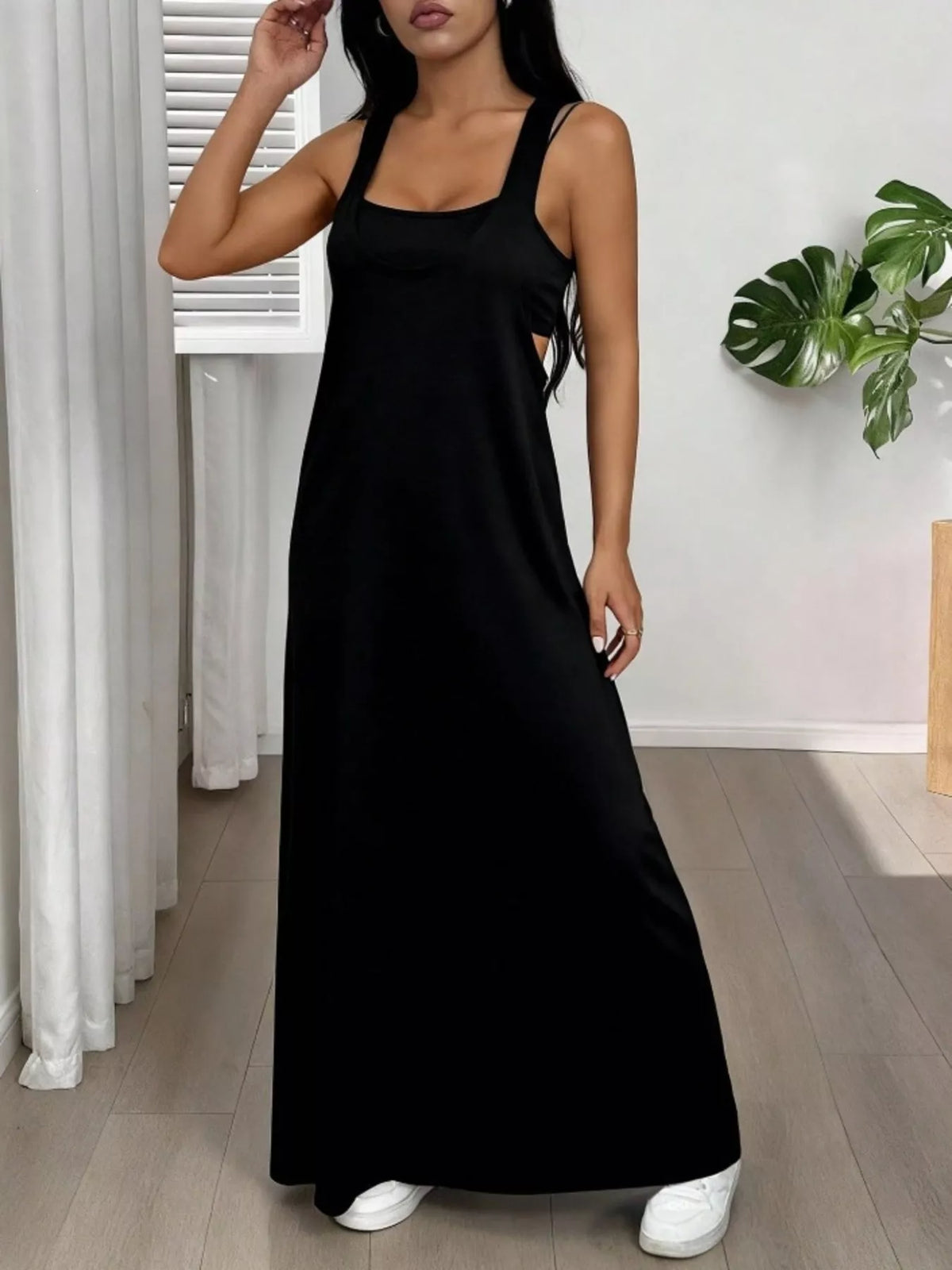 Plush Fashion Hub scoop neck cami and maxi dress two-piece set displayed on a hanger, in soft fabric with a relaxed fit.