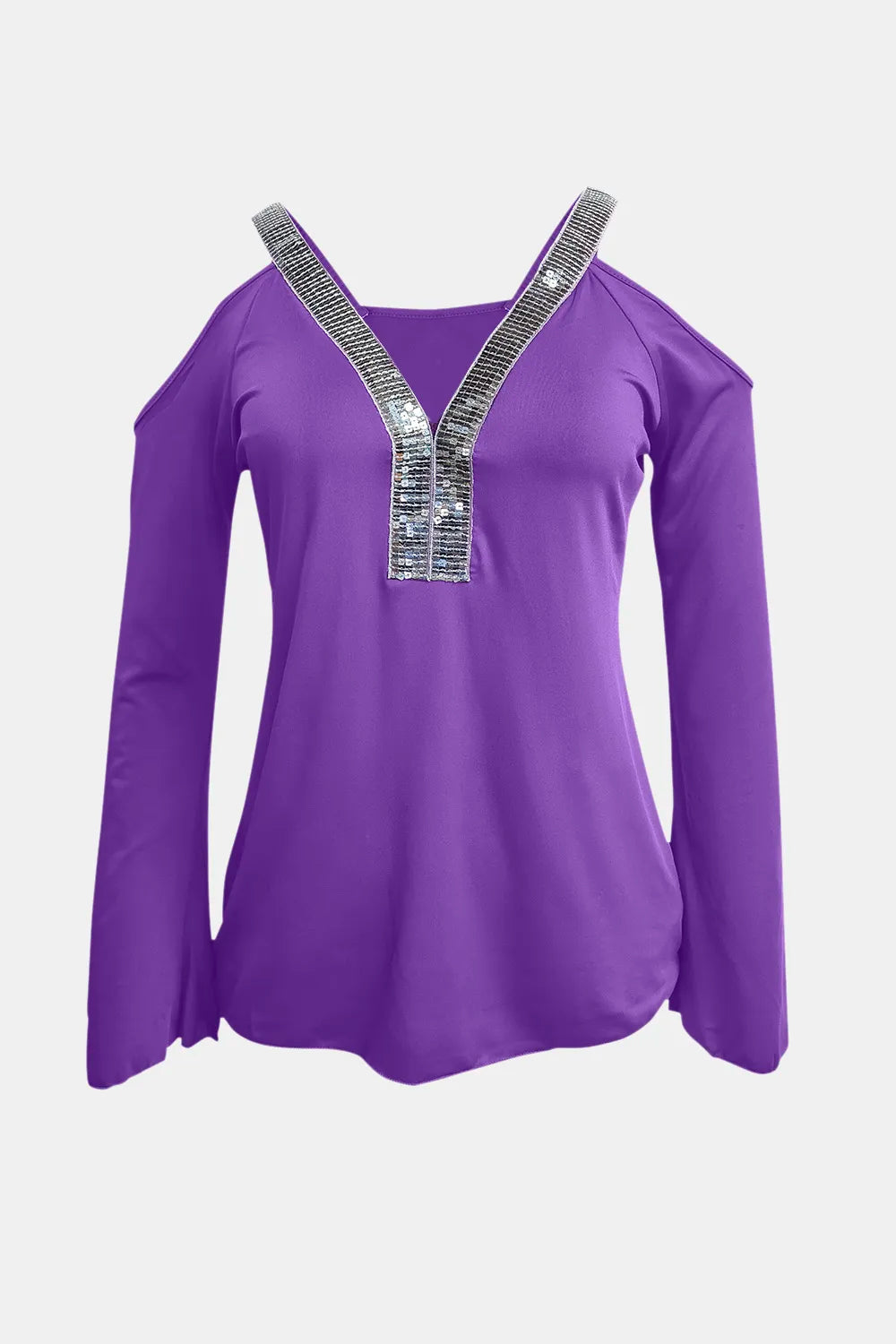 Plush Fashion Hub sequin V-neck cold shoulder top with long sleeves and fashionable design, perfect for stylish occasions.