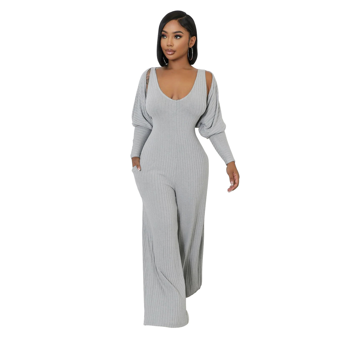 Modern cape-sleeve tailored jumpsuit by Plush Fashion Hub, featuring sleek design and structured fit, shown from the front.