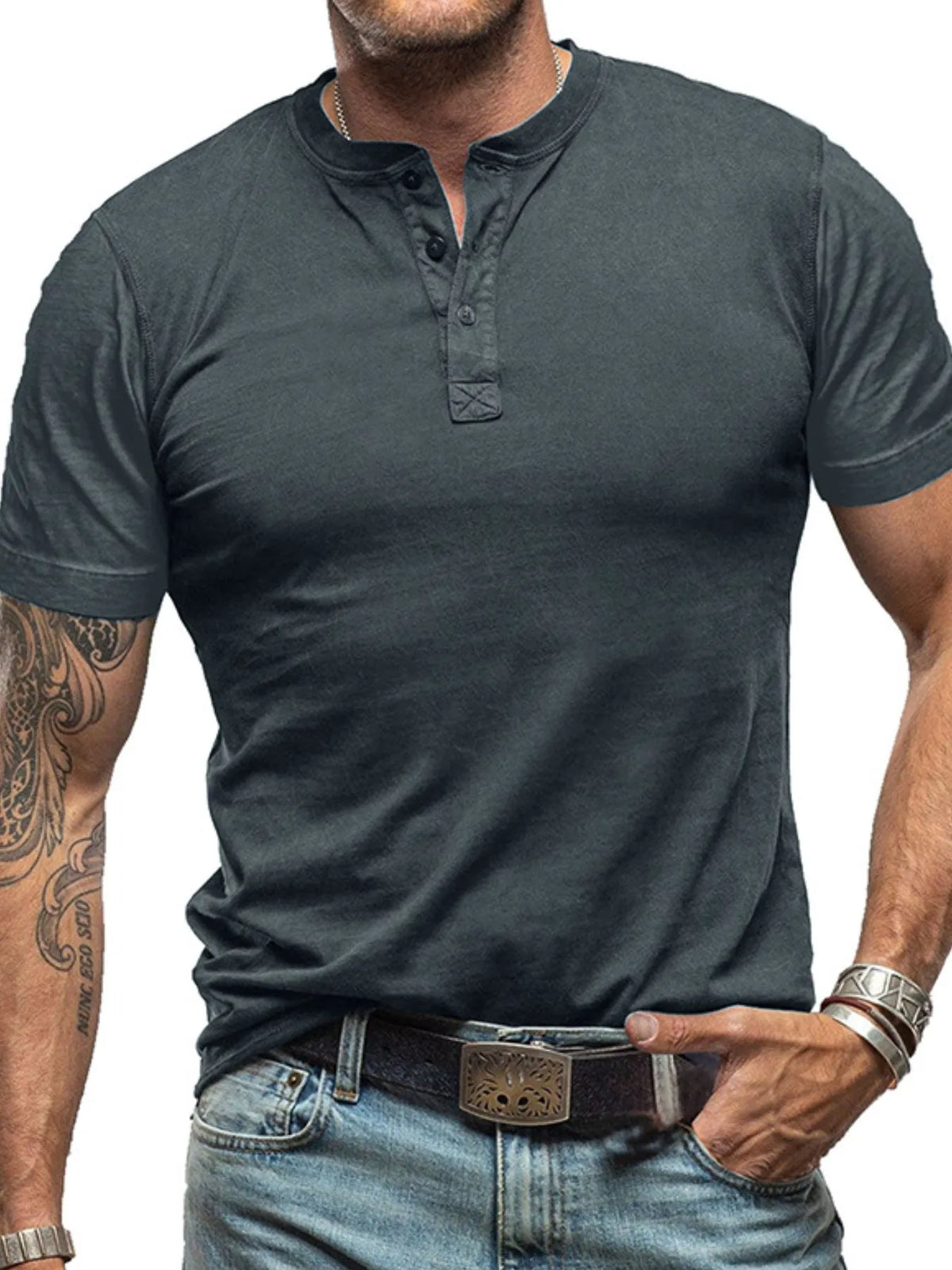 Men's classic Henley short sleeve polo shirt from Trendsi, featuring a buttoned collar and comfortable fit, shown in the image.