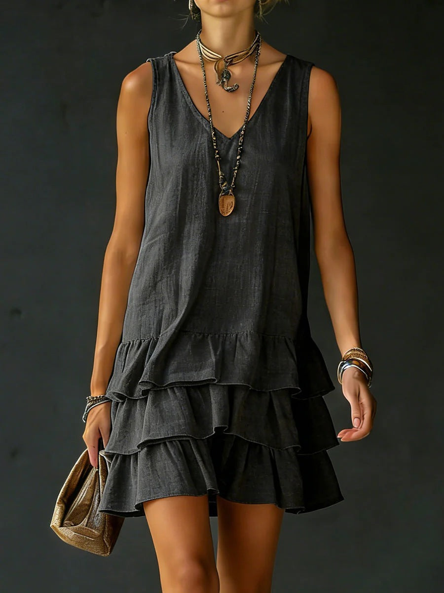 V-neck sleeveless midi dress by FitiqueFit in five colors, casualwear style, displayed hanging with a focus on fabric and design.