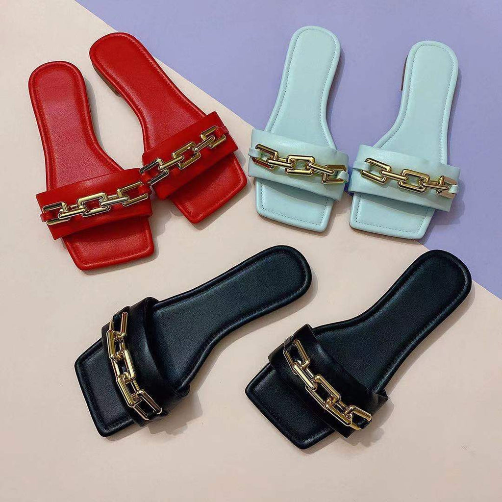 LadyShow.Store women's casual flat-bottom chain sandals featuring open toes and slip-on design, perfect for everyday wear.