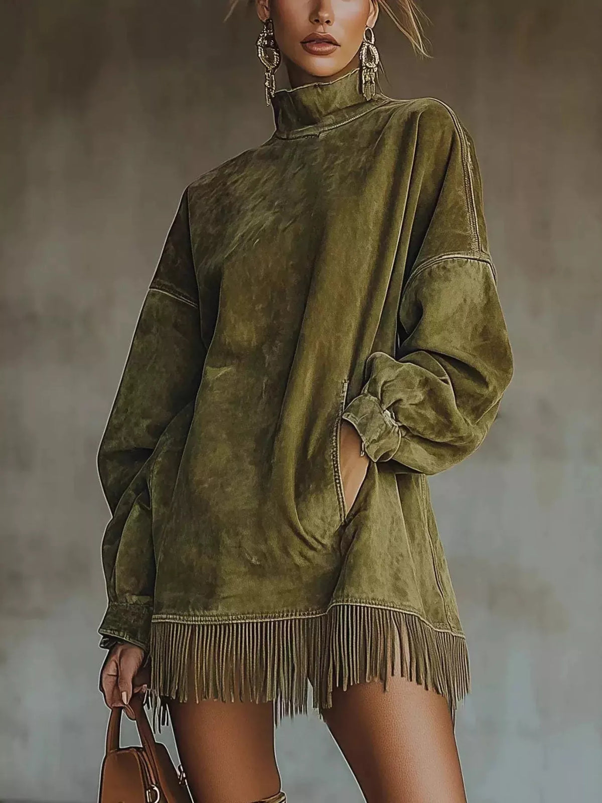 Plus size full size mock neck fringed hem long sleeve mini dress from Trendsi, featuring a sweater-style design with a cozy look.